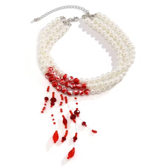 NWT Vampire Blood Drip Pearl Choker – Gothic Red Bead Cosplay Halloween Necklace - Picture 5 of 6